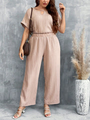 LUNE Plus Size Apricot Two Piece Outfit, Elastic Waistband Comfortable Set, Round Neck Short Sleeve Top + Long Pants