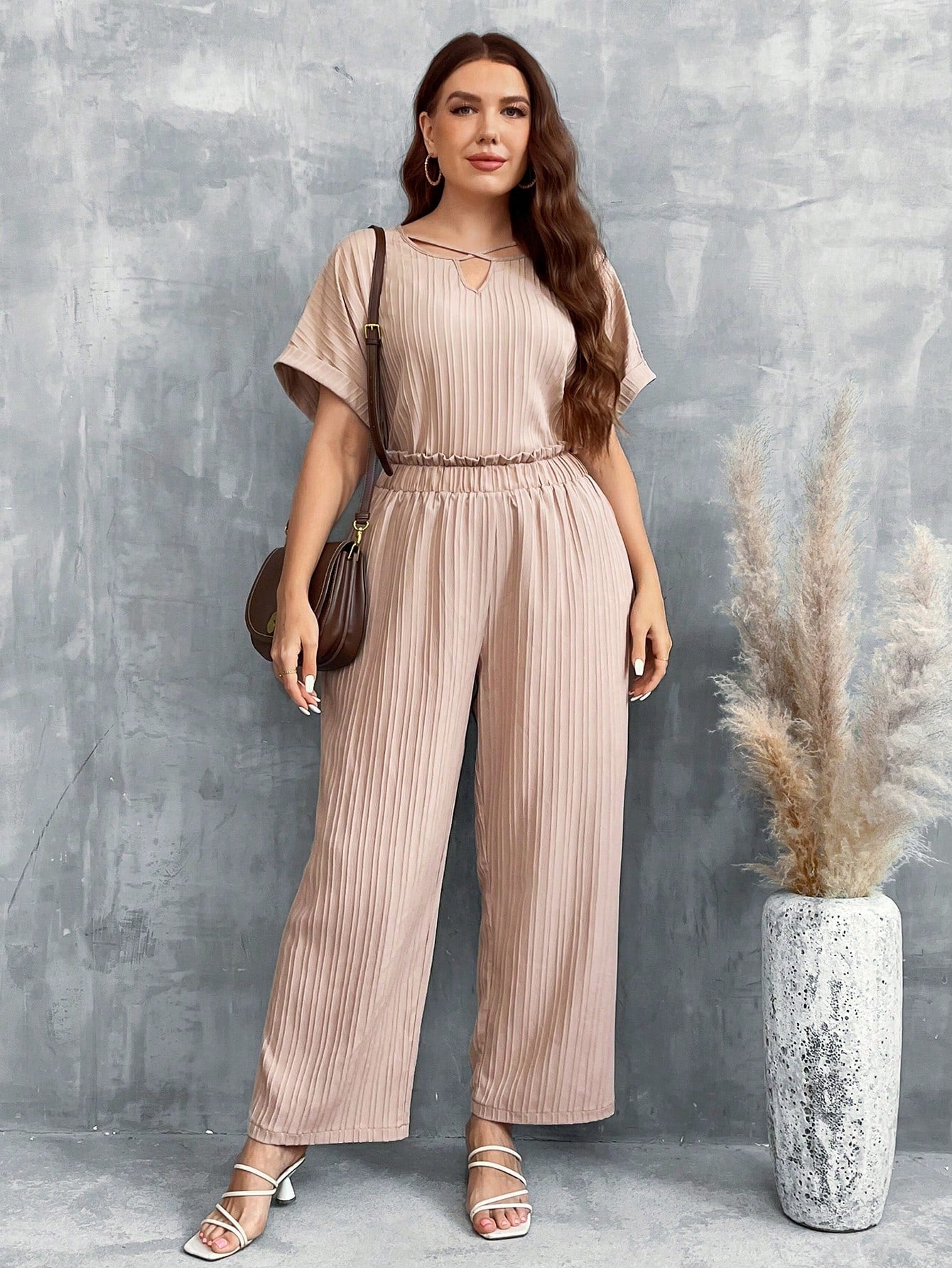 LUNE Plus Size Apricot Two Piece Outfit, Elastic Waistband Comfortable Set, Round Neck Short Sleeve Top + Long Pants