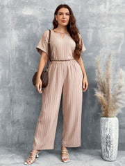 LUNE Plus Size Apricot Two Piece Outfit, Elastic Waistband Comfortable Set, Round Neck Short Sleeve Top + Long Pants