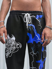 ROMWE Anime Men'S Drawstring Waist Long Pants With Dragon & Lightning Print