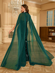 LUNE Glittery & Pleated Chiffon Cape Dress With High Slit