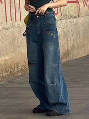 Multiple Pocket Zipper Closure Wide Leg Denim Pants