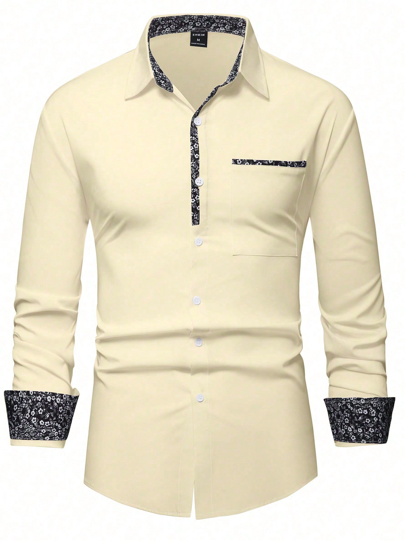 Manfinity Mode Men'S Floral Print Splice Long Sleeve Shirt