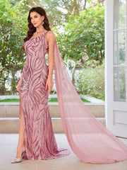 Women'S Glittering High Slit Dress With Draped Front For Formal Evening Occasions