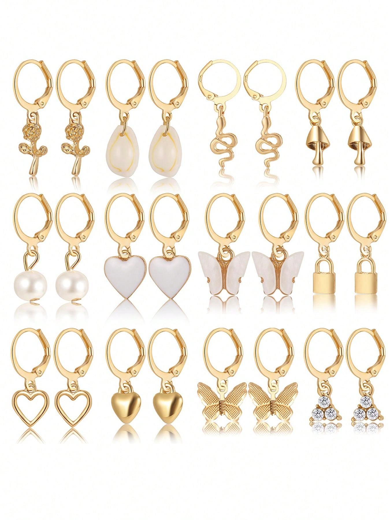 24pcs/Set Simple Heart, Butterfly, Flower, Rhinestone & Faux Pearl Stud Earring Set For Women As A Gift For Dating/Vacation