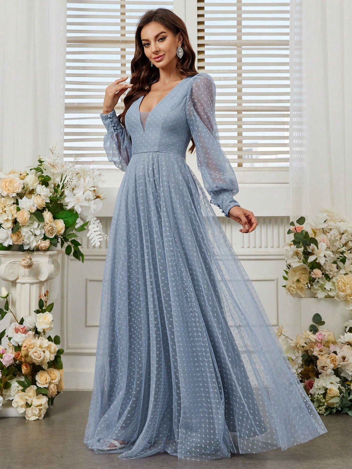 Belle Deep V-Neck Lantern Sleeve Mesh Bridesmaid Dress