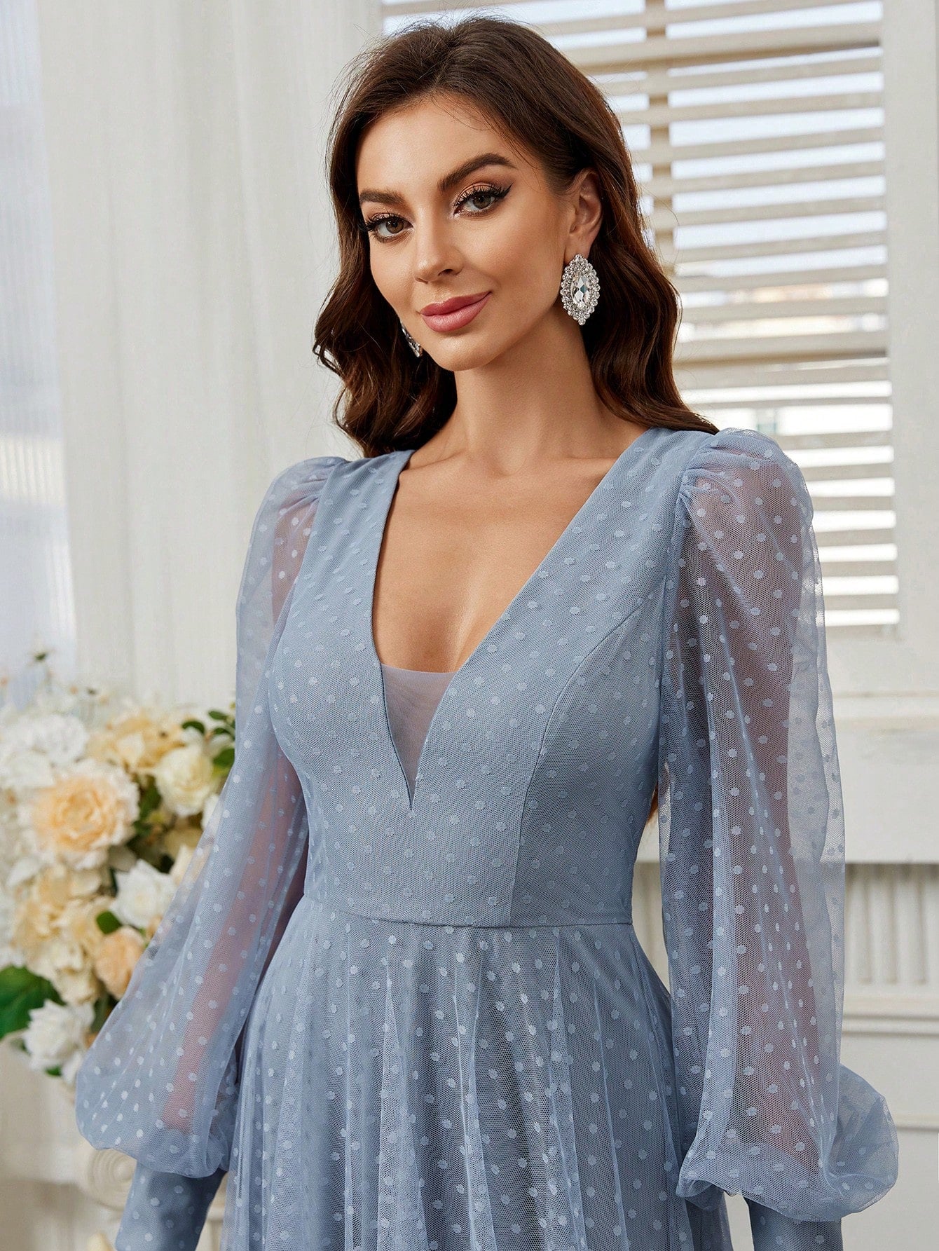 Belle Deep V-Neck Lantern Sleeve Mesh Bridesmaid Dress