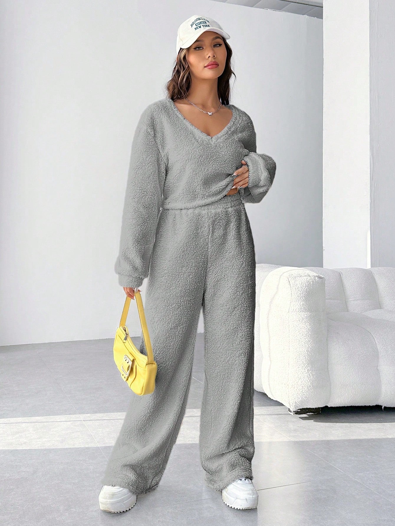 EZwear Plush V-neck Oversized Top And Pants Set