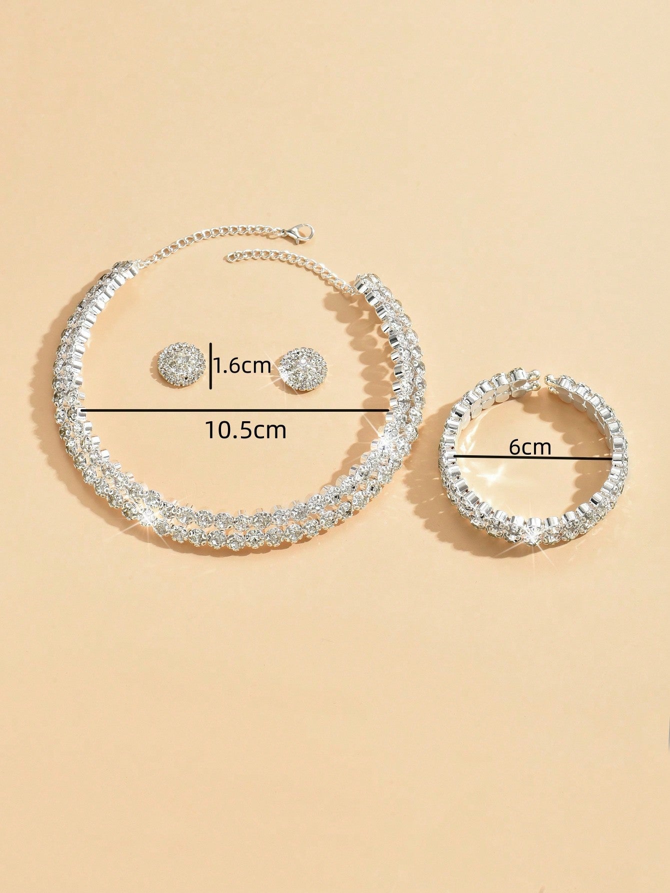 4pcs Luxurious Fashion Women's Full Rhinestone Circular Earrings Bracelet Necklace Set, Bridal Wedding Jewelry