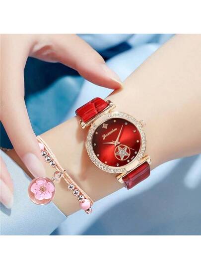 2pcs Women'S Watch And Bracelet Set, Fashionable Rhinestone Starry Dial Quartz Wristwatch