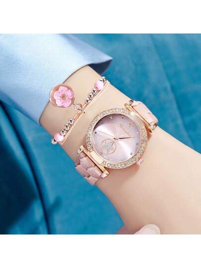 2pcs Women'S Watch And Bracelet Set, Fashionable Rhinestone Starry Dial Quartz Wristwatch