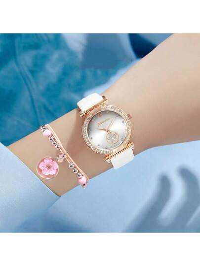 2pcs Women'S Watch And Bracelet Set, Fashionable Rhinestone Starry Dial Quartz Wristwatch