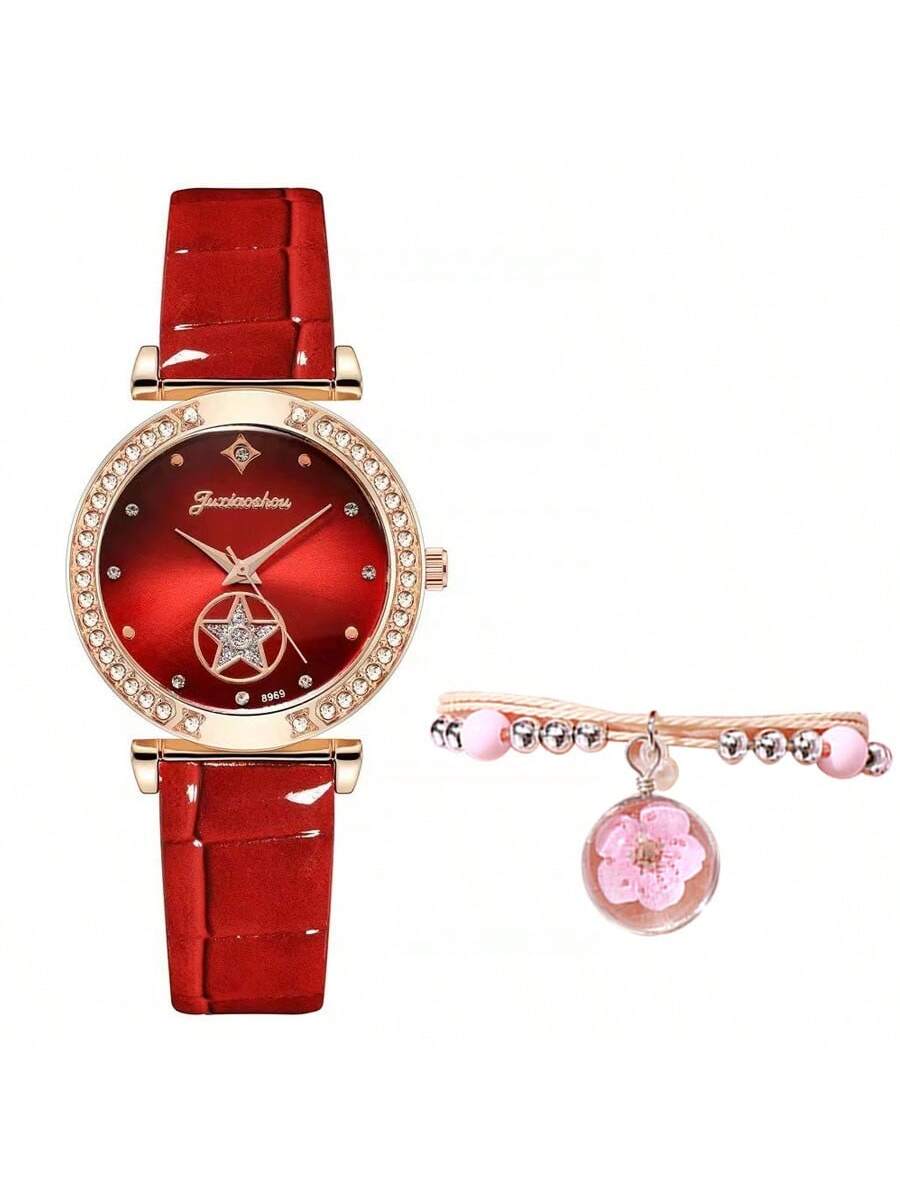 2pcs Women'S Watch And Bracelet Set, Fashionable Rhinestone Starry Dial Quartz Wristwatch