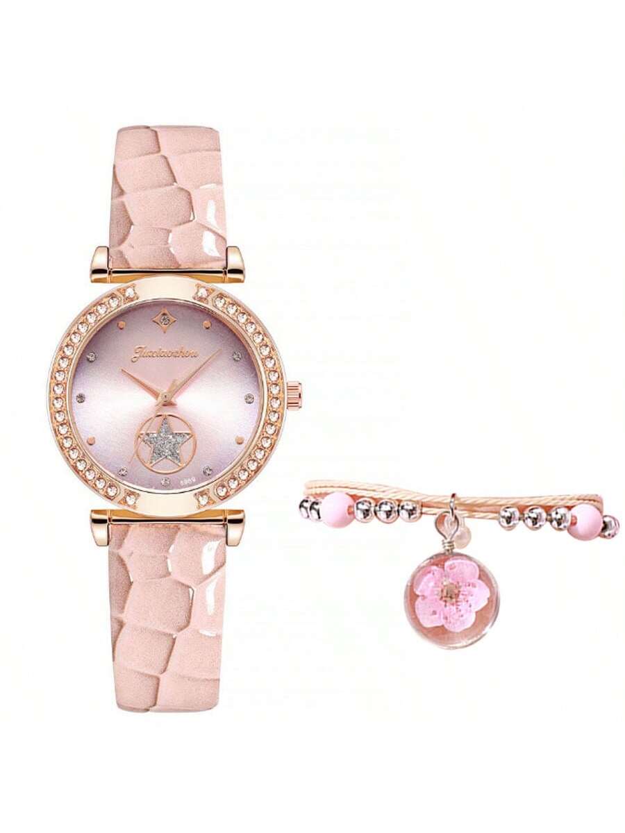 2pcs Women'S Watch And Bracelet Set, Fashionable Rhinestone Starry Dial Quartz Wristwatch