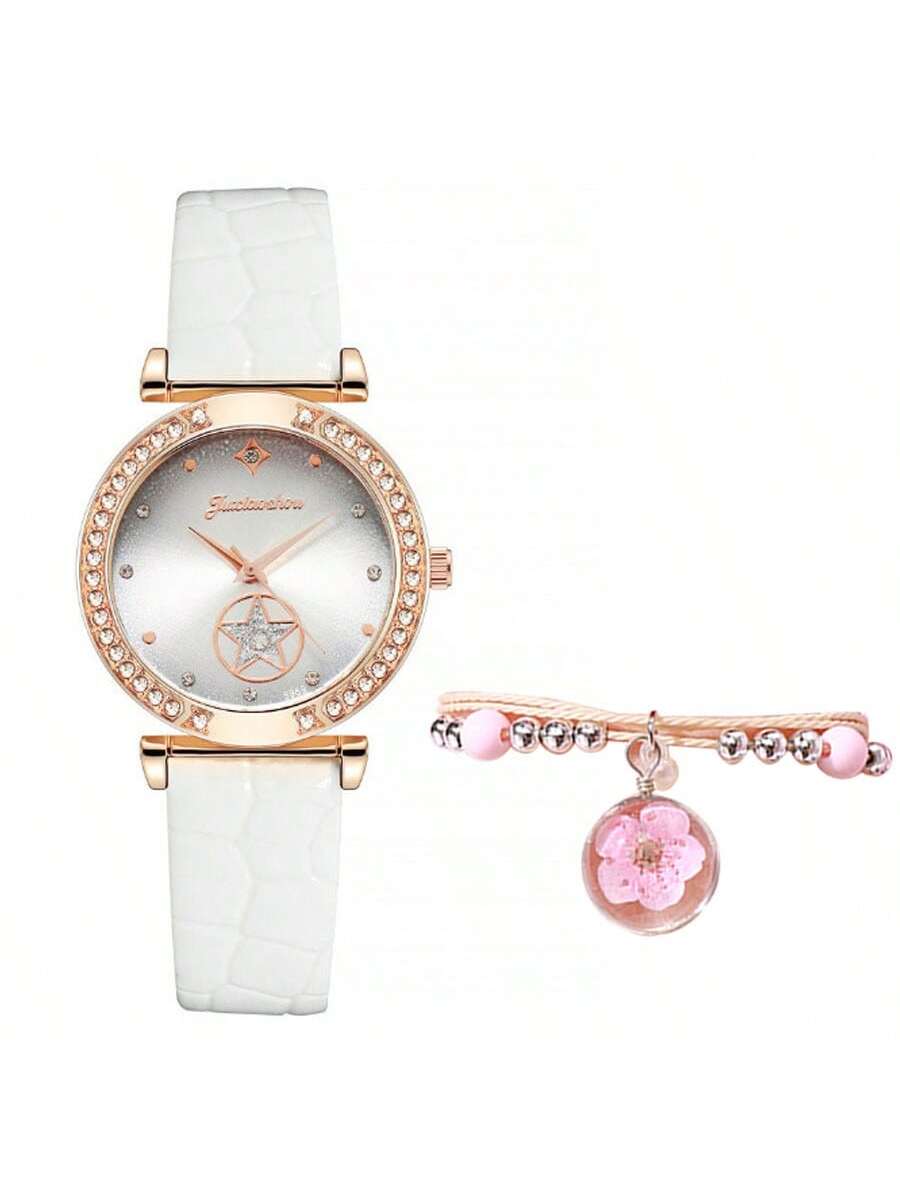 2pcs Women'S Watch And Bracelet Set, Fashionable Rhinestone Starry Dial Quartz Wristwatch