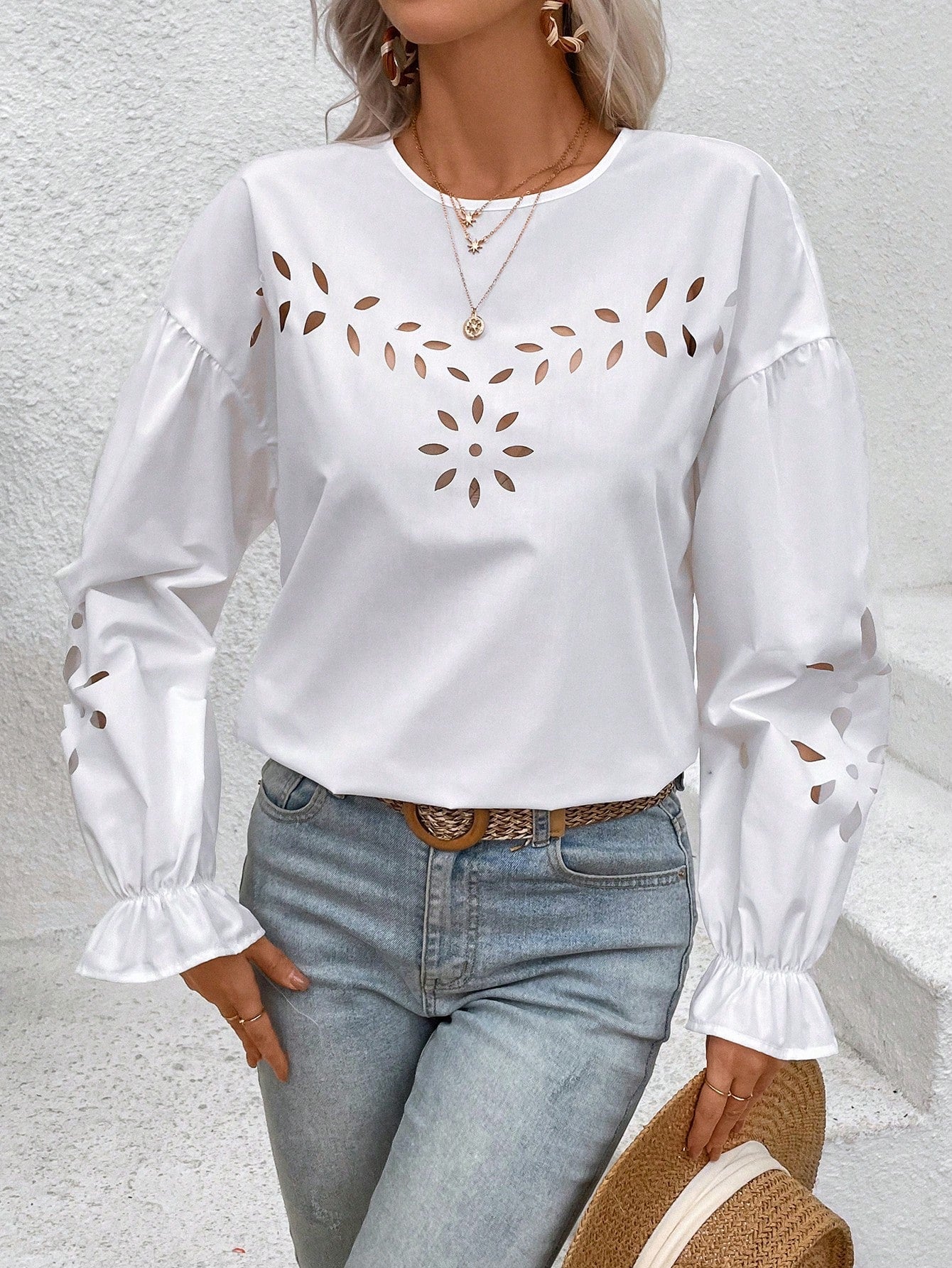 Frenchy Summer Vacation Hollow Out Detail Flared Sleeve Blouse