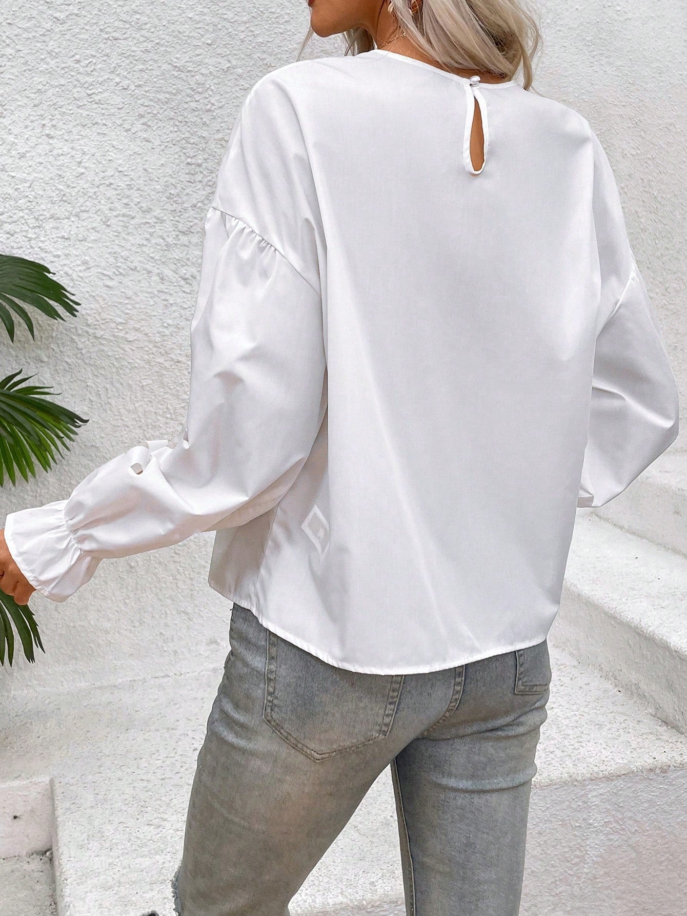 Frenchy Summer Vacation Hollow Out Detail Flared Sleeve Blouse