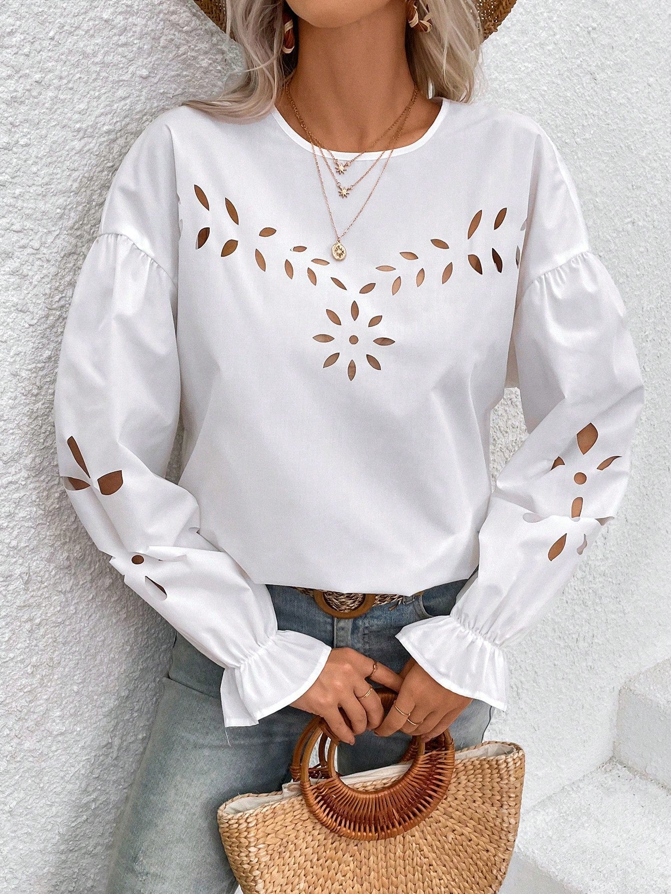 Frenchy Summer Vacation Hollow Out Detail Flared Sleeve Blouse