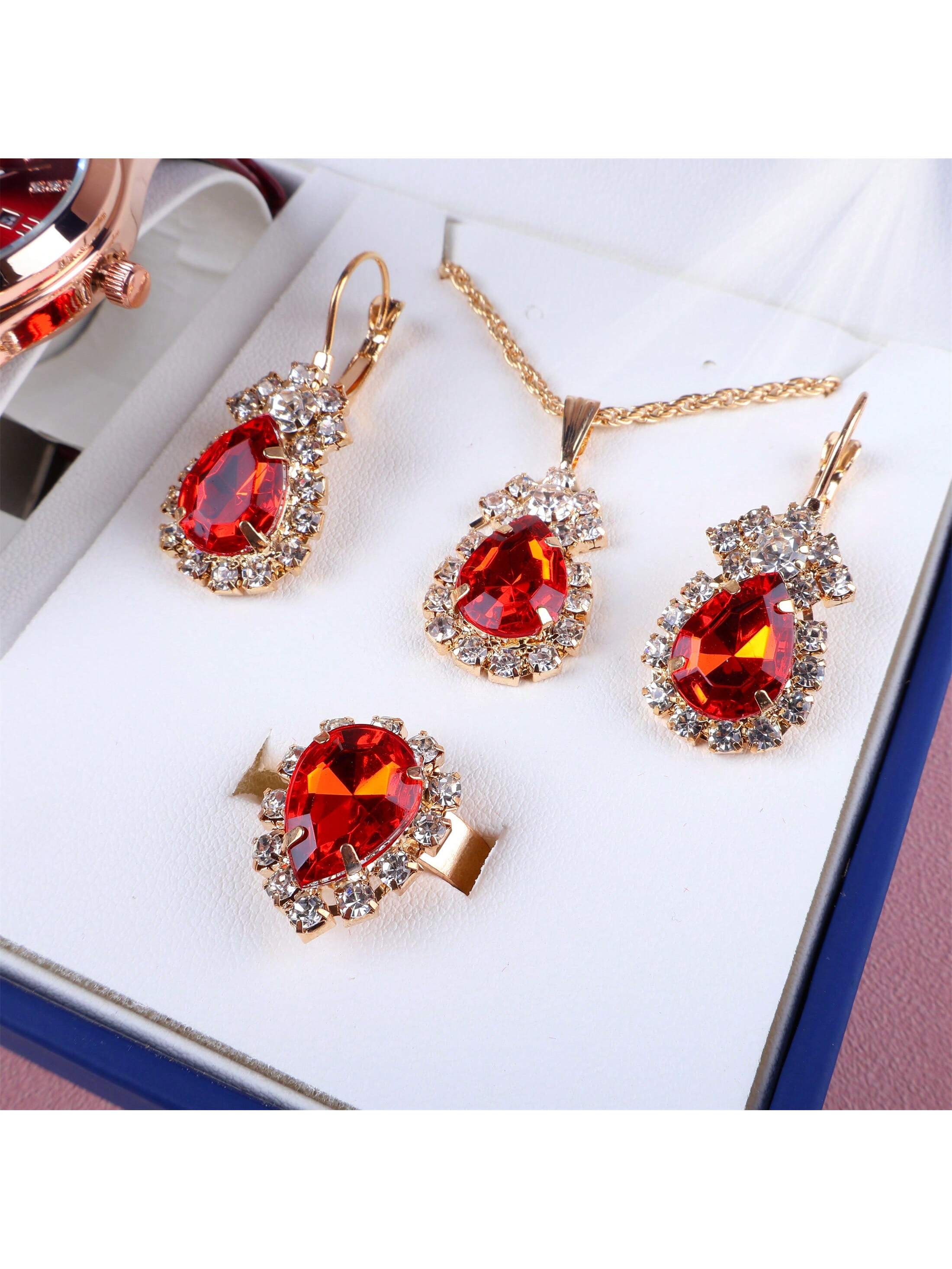 7pcs/Set Women'S Watch Gift Set, Festival Gift Package Including: 1pc Red Faux Leather Water Resistant Diamond Calendar Quartz Watch, 1pc White Volcanic Stone Bracelet, 1pc Red Crystal Necklace, 1pc Red Crystal Ring, 2pcs Red Crystal Stud Earrings, And 1p