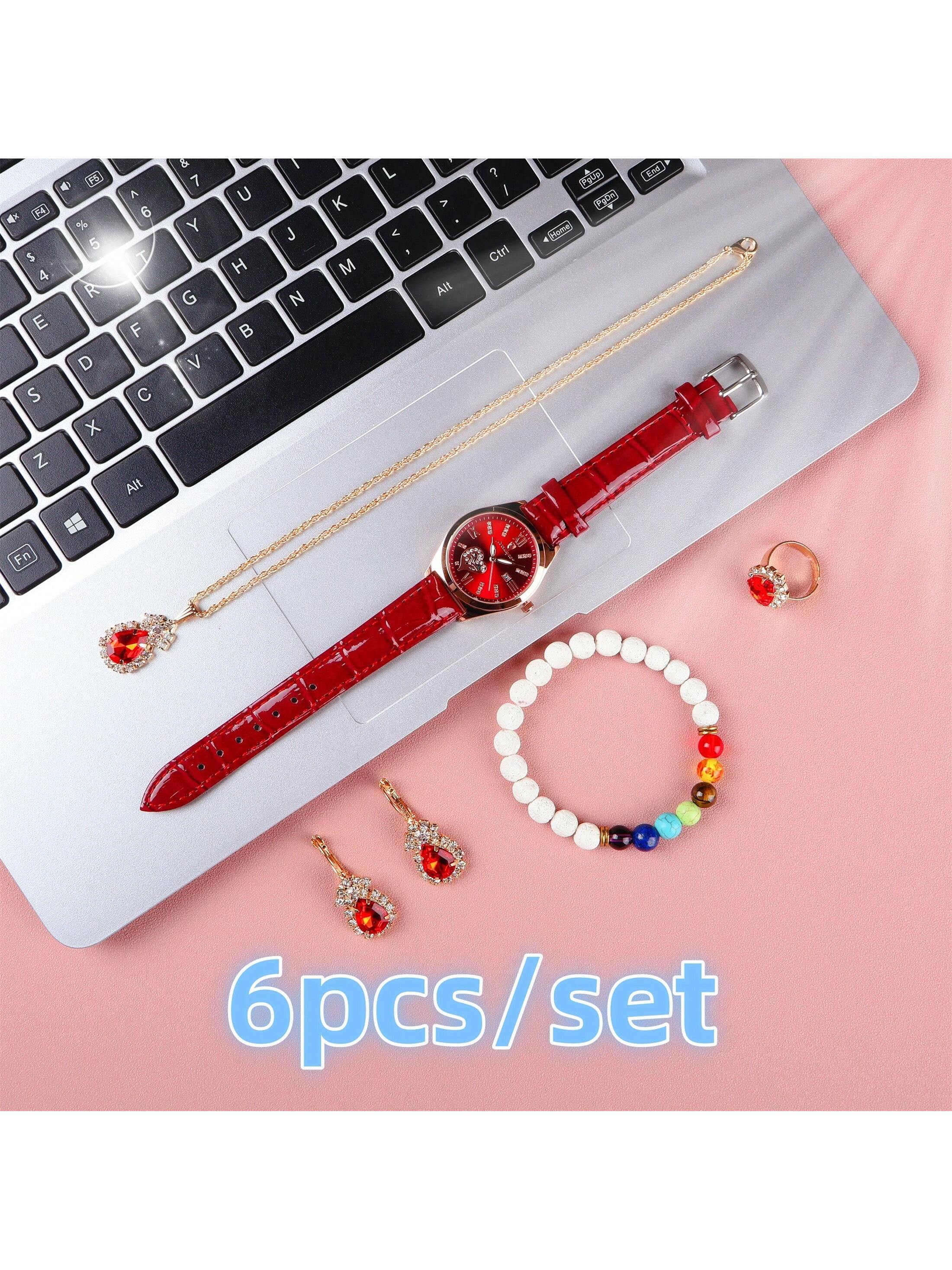 7pcs/Set Women'S Watch Gift Set, Festival Gift Package Including: 1pc Red Faux Leather Water Resistant Diamond Calendar Quartz Watch, 1pc White Volcanic Stone Bracelet, 1pc Red Crystal Necklace, 1pc Red Crystal Ring, 2pcs Red Crystal Stud Earrings, And 1p