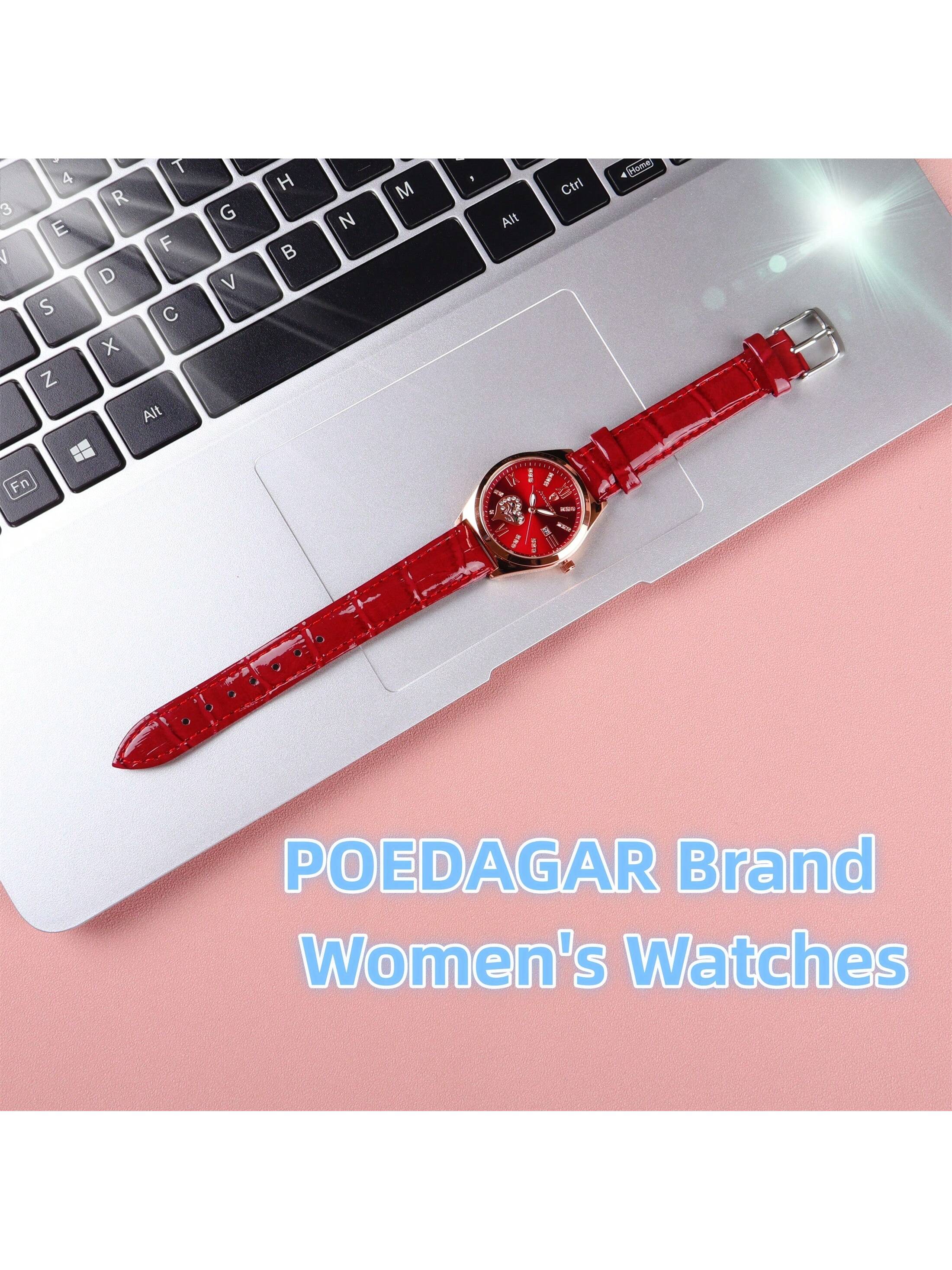 7pcs/Set Women'S Watch Gift Set, Festival Gift Package Including: 1pc Red Faux Leather Water Resistant Diamond Calendar Quartz Watch, 1pc White Volcanic Stone Bracelet, 1pc Red Crystal Necklace, 1pc Red Crystal Ring, 2pcs Red Crystal Stud Earrings, And 1p