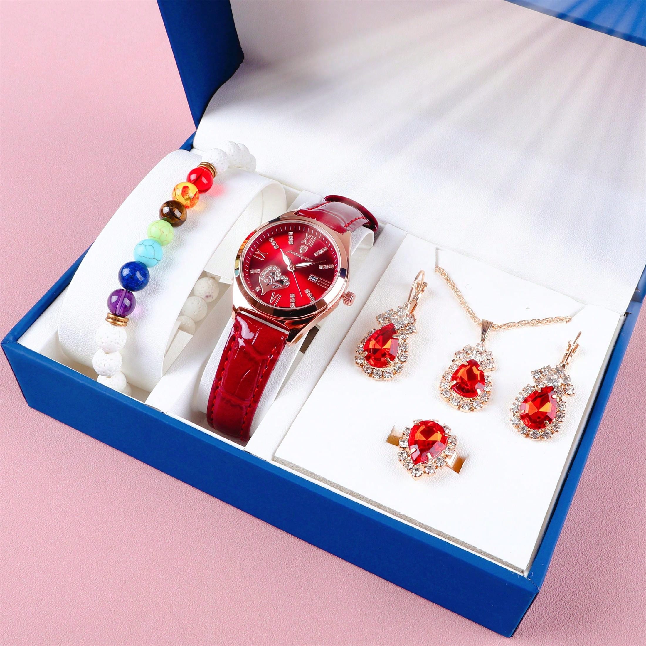 7pcs/Set Women'S Watch Gift Set, Festival Gift Package Including: 1pc Red Faux Leather Water Resistant Diamond Calendar Quartz Watch, 1pc White Volcanic Stone Bracelet, 1pc Red Crystal Necklace, 1pc Red Crystal Ring, 2pcs Red Crystal Stud Earrings, And 1p