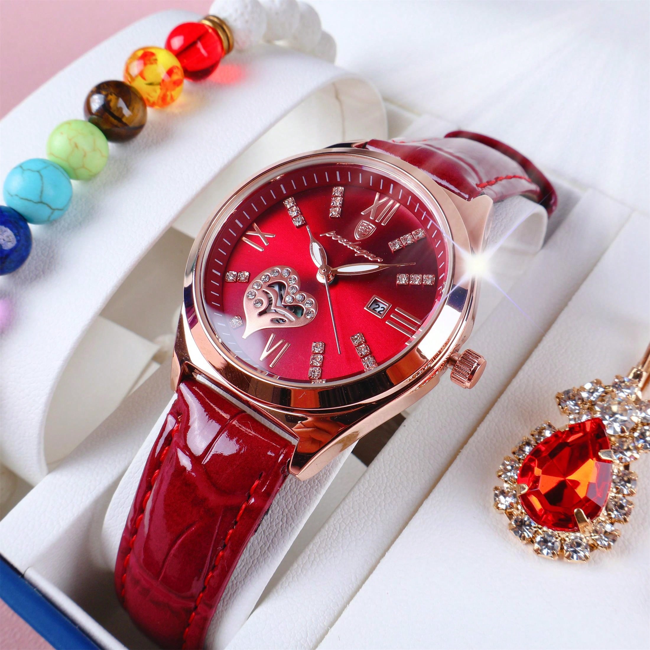 7pcs/Set Women'S Watch Gift Set, Festival Gift Package Including: 1pc Red Faux Leather Water Resistant Diamond Calendar Quartz Watch, 1pc White Volcanic Stone Bracelet, 1pc Red Crystal Necklace, 1pc Red Crystal Ring, 2pcs Red Crystal Stud Earrings, And 1p