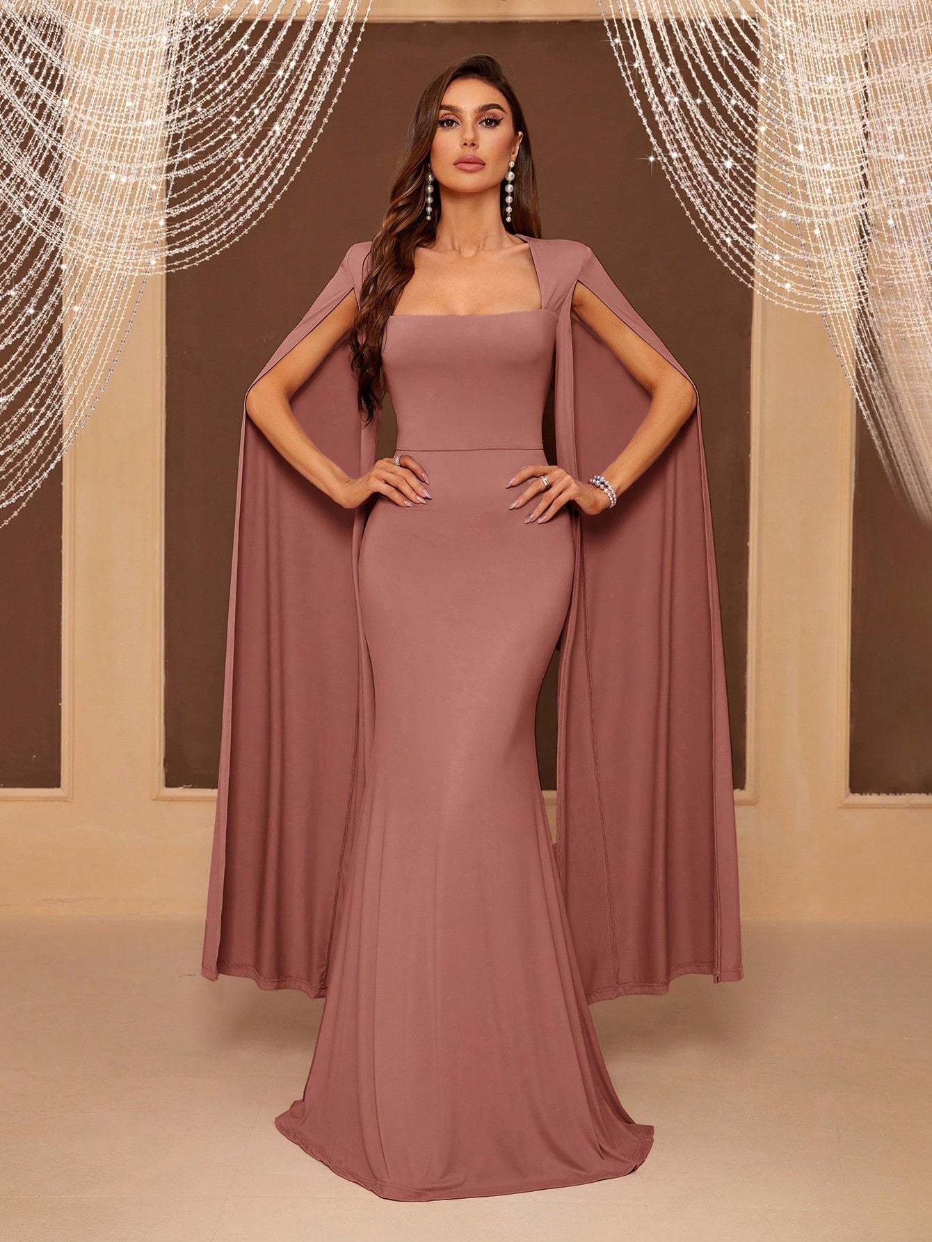 Belle Adult Bridesmaid Dress With Flared Sleeves, Square Neckline, Cinched Waist And Fish Tail Skirt