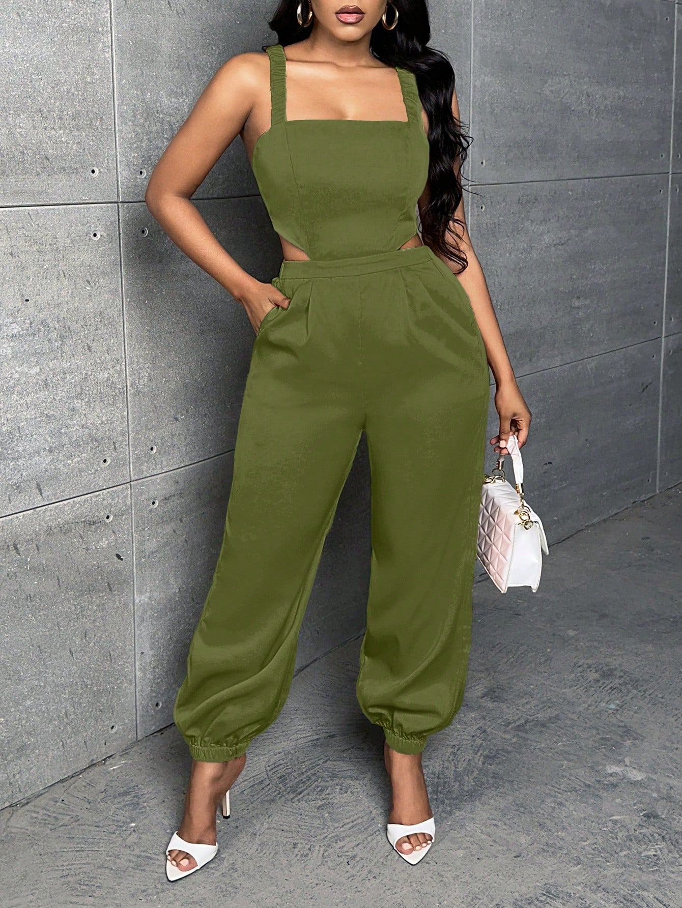 Slayr Solid Slant Pocket Cut Out Waist Cami Jumpsuit