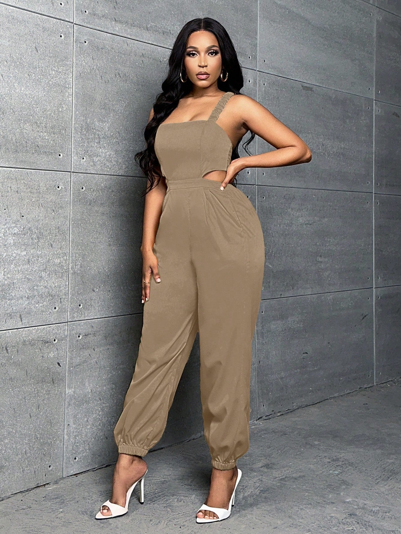 Slayr Solid Slant Pocket Cut Out Waist Cami Jumpsuit