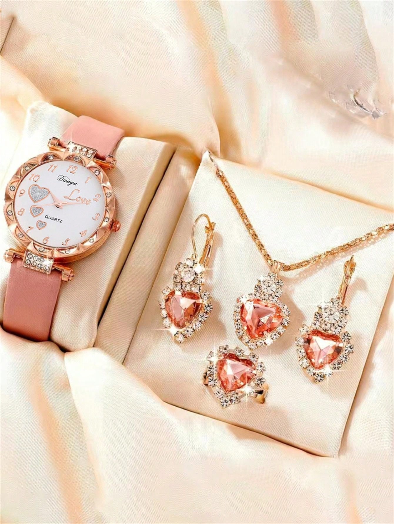 5pcs/Set Women'S Watch Set Featuring Cute Hearts Decorated Quartz Wristwatch And Jewelry