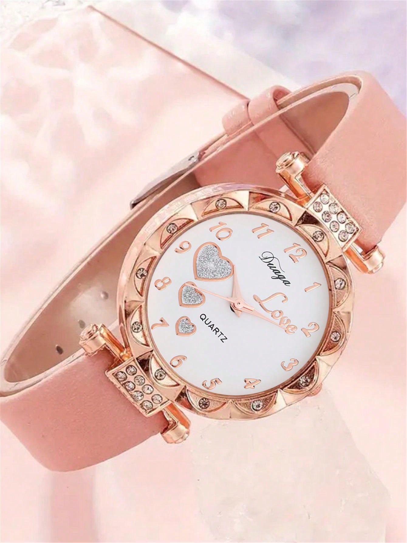 5pcs/Set Women'S Watch Set Featuring Cute Hearts Decorated Quartz Wristwatch And Jewelry