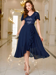 MIUSOL Contrast Sequin Chiffon Ruffle Butterfly Sleeve Evening Party Dress