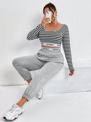 Essnce Plus Size Women's Fashionable Sports Casual New Striped Letter U-Neck T-Shirt And Sports Letter Waistband Leg Sweatpants Split Spring And Summer Clothing 2-Piece Set