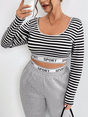 Essnce Plus Size Women's Fashionable Sports Casual New Striped Letter U-Neck T-Shirt And Sports Letter Waistband Leg Sweatpants Split Spring And Summer Clothing 2-Piece Set