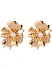 Gold Plated Flower Stud Eerring With Faux Pearl Jewelry Gifts