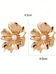 Gold Plated Flower Stud Eerring With Faux Pearl Jewelry Gifts