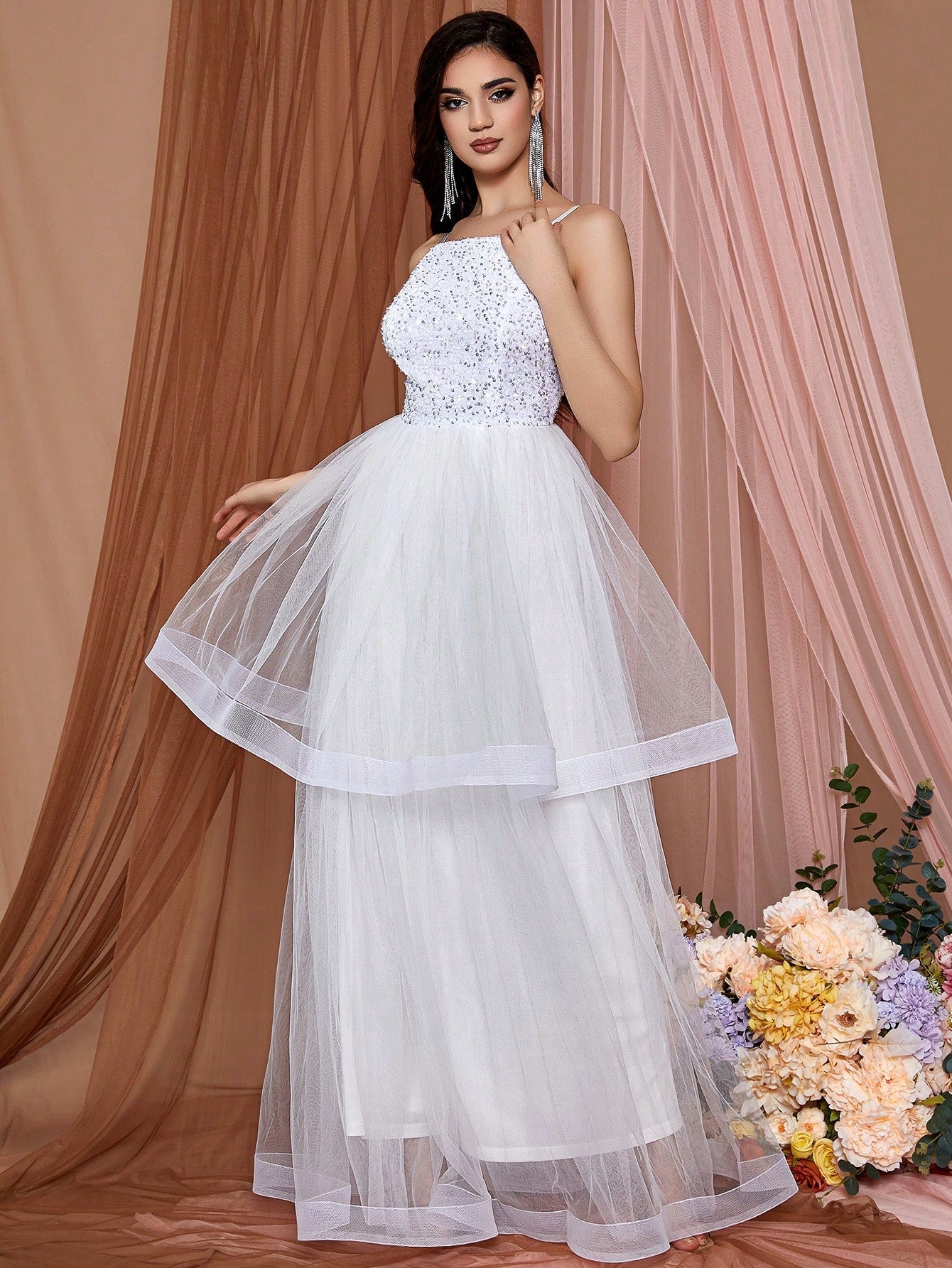 LOVE&LEMONADE Glitter Mesh Splice Cami Wedding Dress