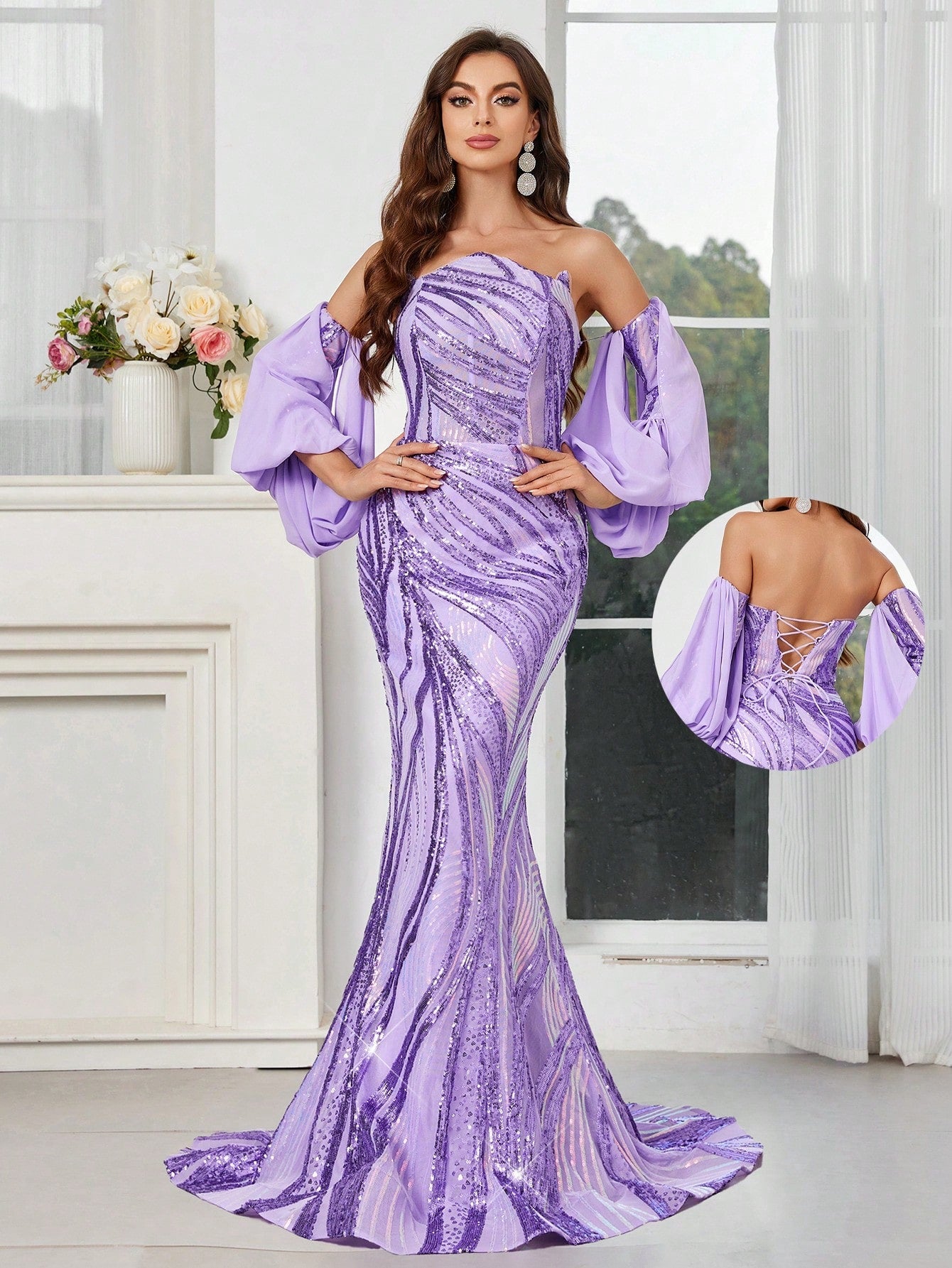 Belle Spaghetti Strap Backless Lantern Sleeve Off Shoulder Sparkling Mermaid Evening Party Dress