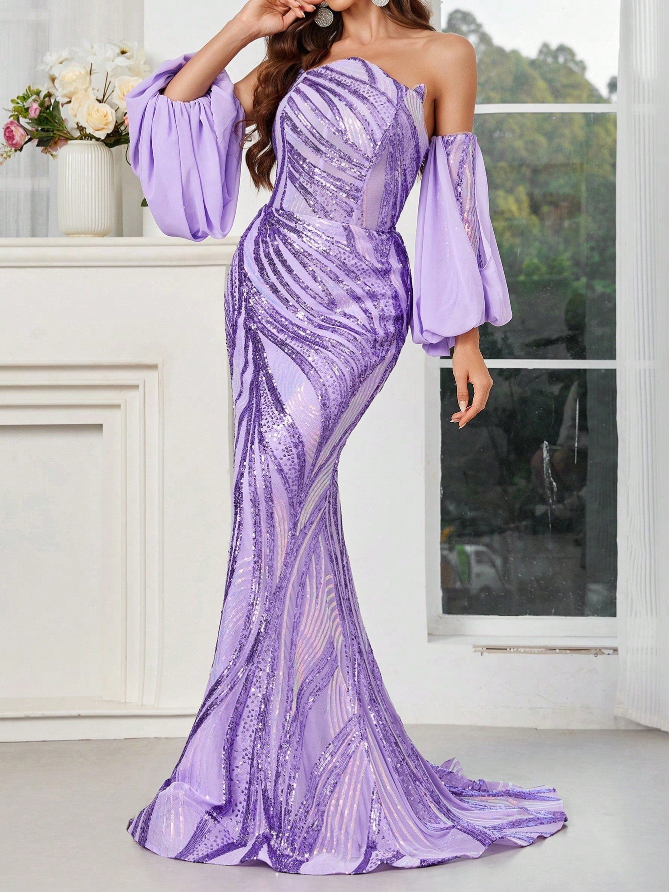 Belle Spaghetti Strap Backless Lantern Sleeve Off Shoulder Sparkling Mermaid Evening Party Dress