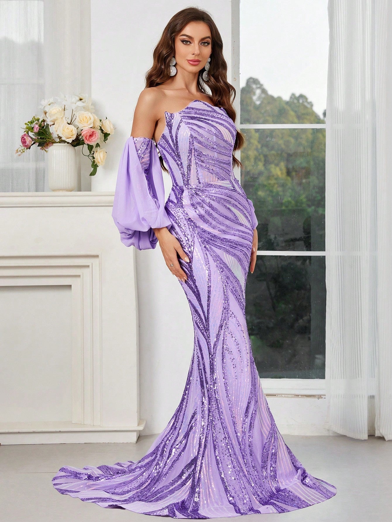 Belle Spaghetti Strap Backless Lantern Sleeve Off Shoulder Sparkling Mermaid Evening Party Dress