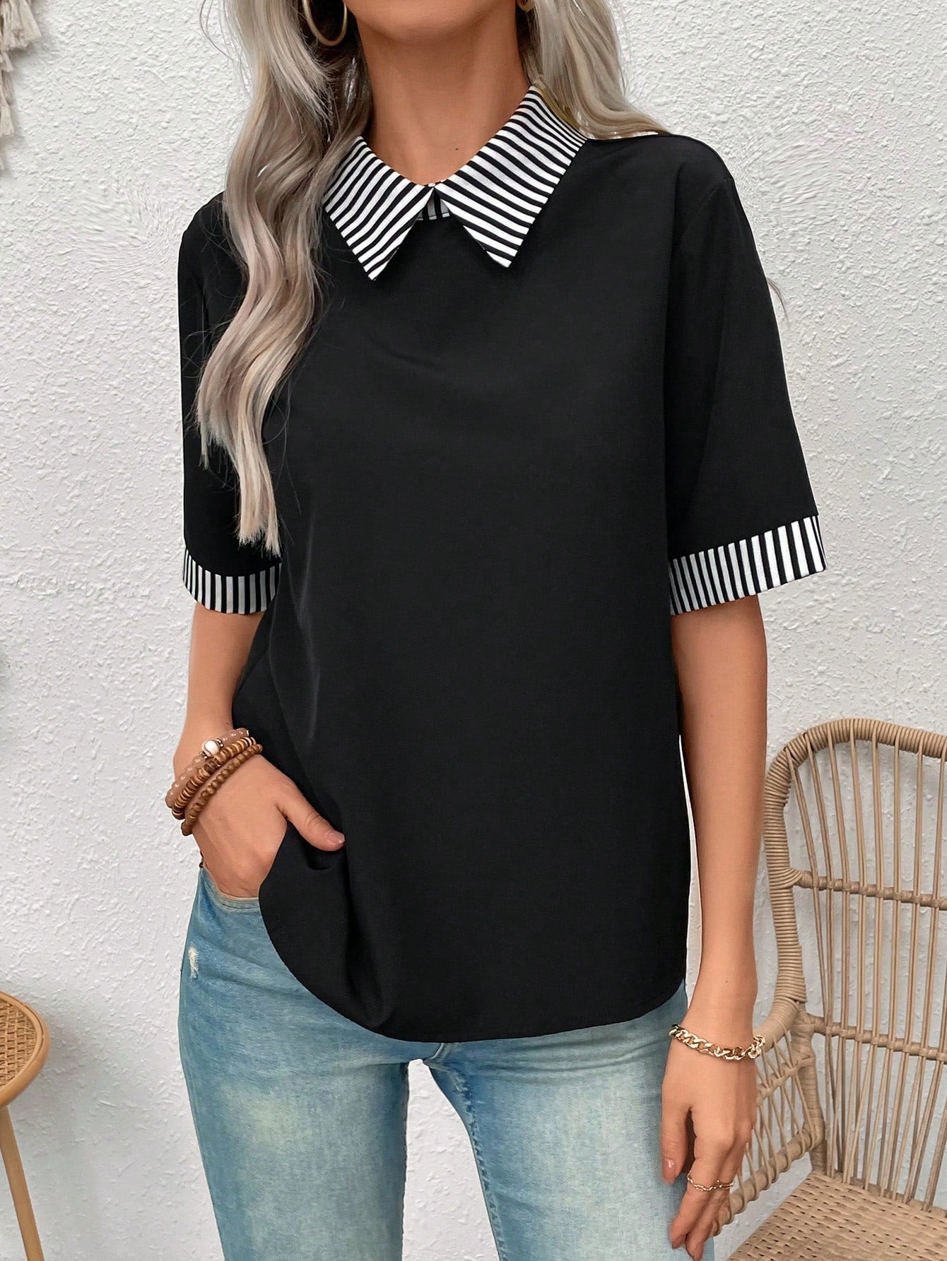 Frenchy Women'S Short Sleeve Black And White Striped Colorblock Blouse