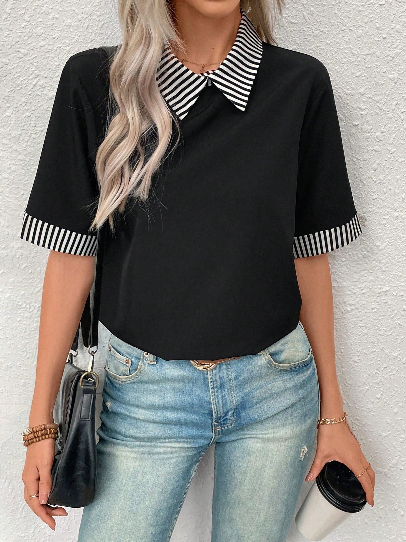 Frenchy Women'S Short Sleeve Black And White Striped Colorblock Blouse