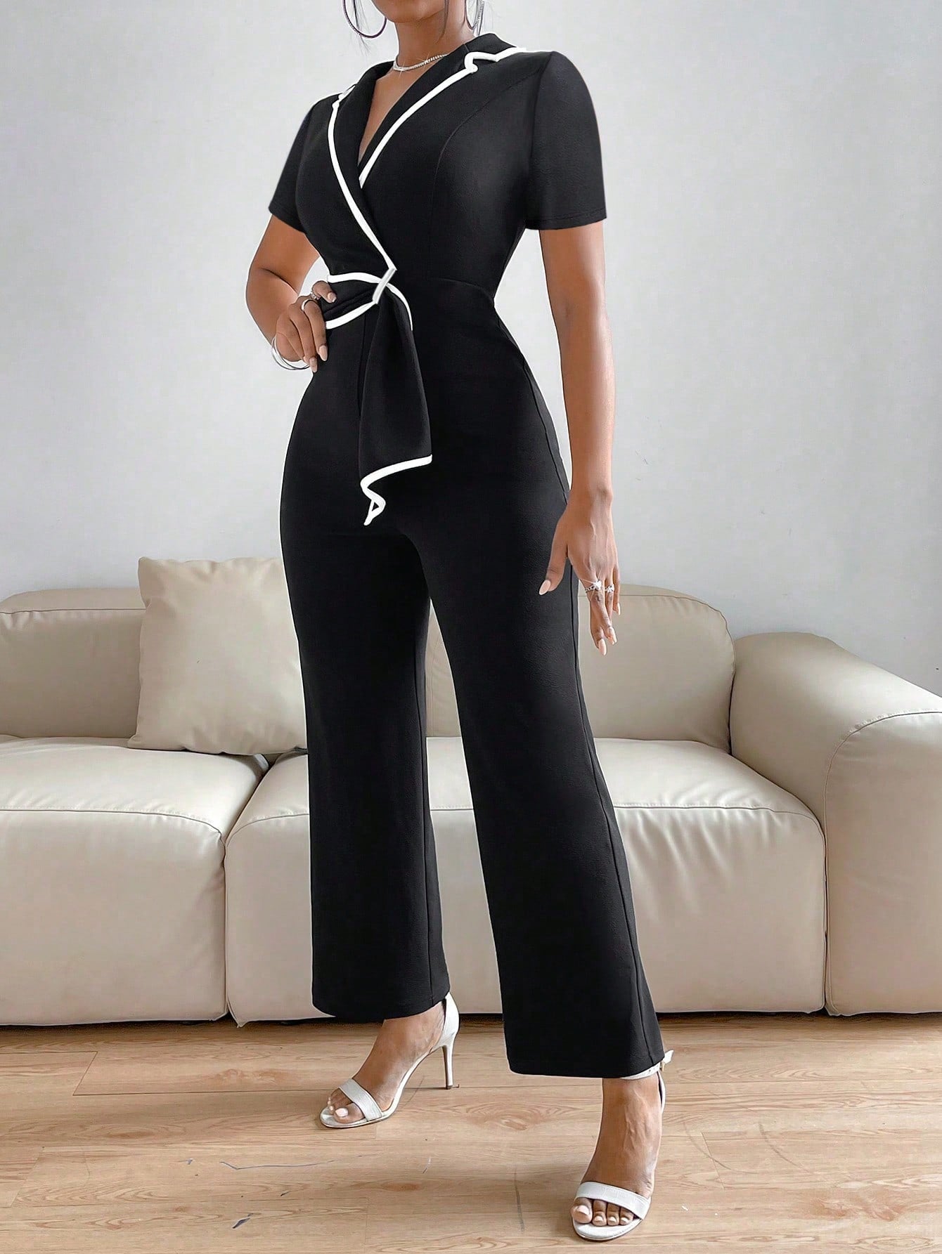 Privé Lapel Collar Contrast Binding Jumpsuit