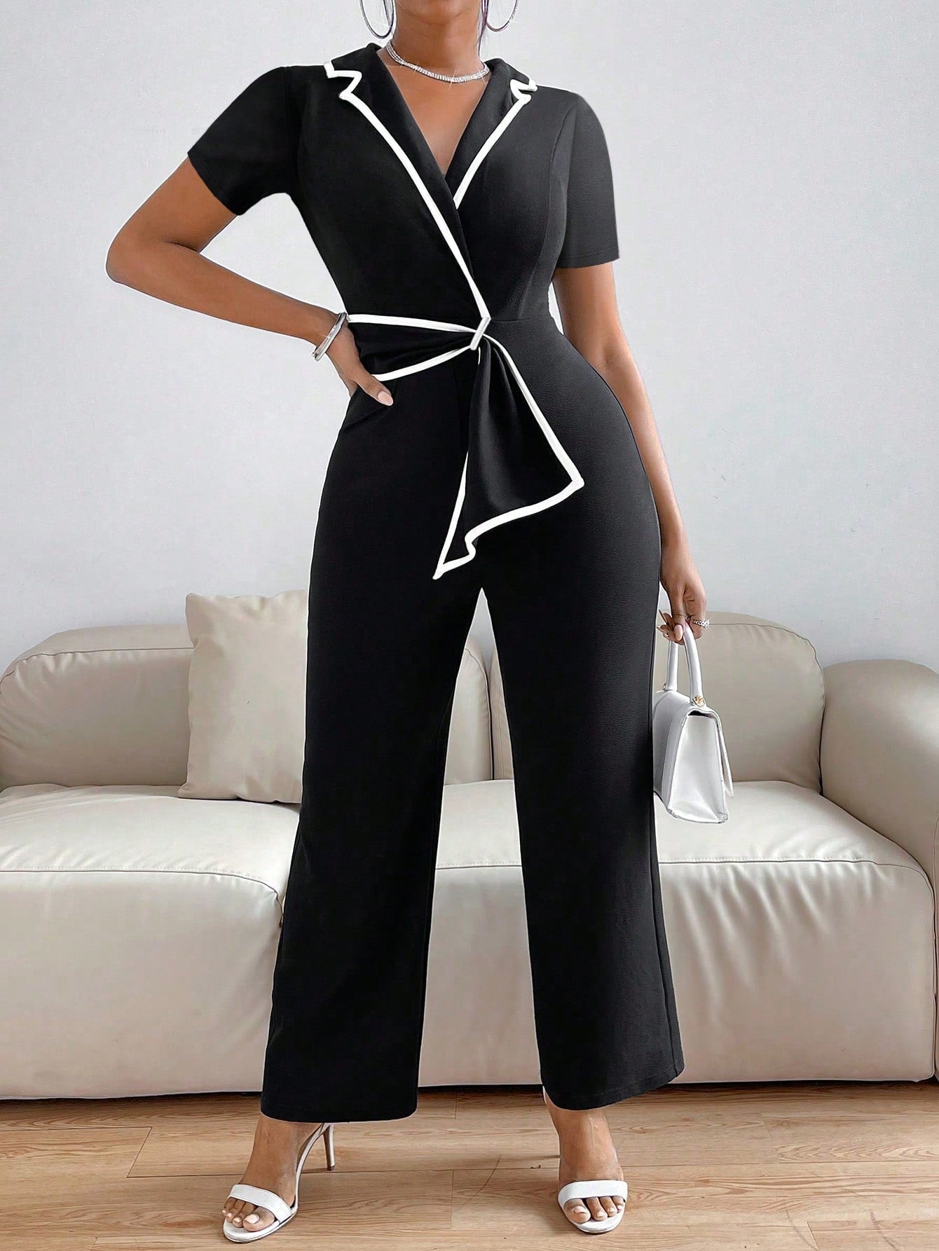 Privé Lapel Collar Contrast Binding Jumpsuit