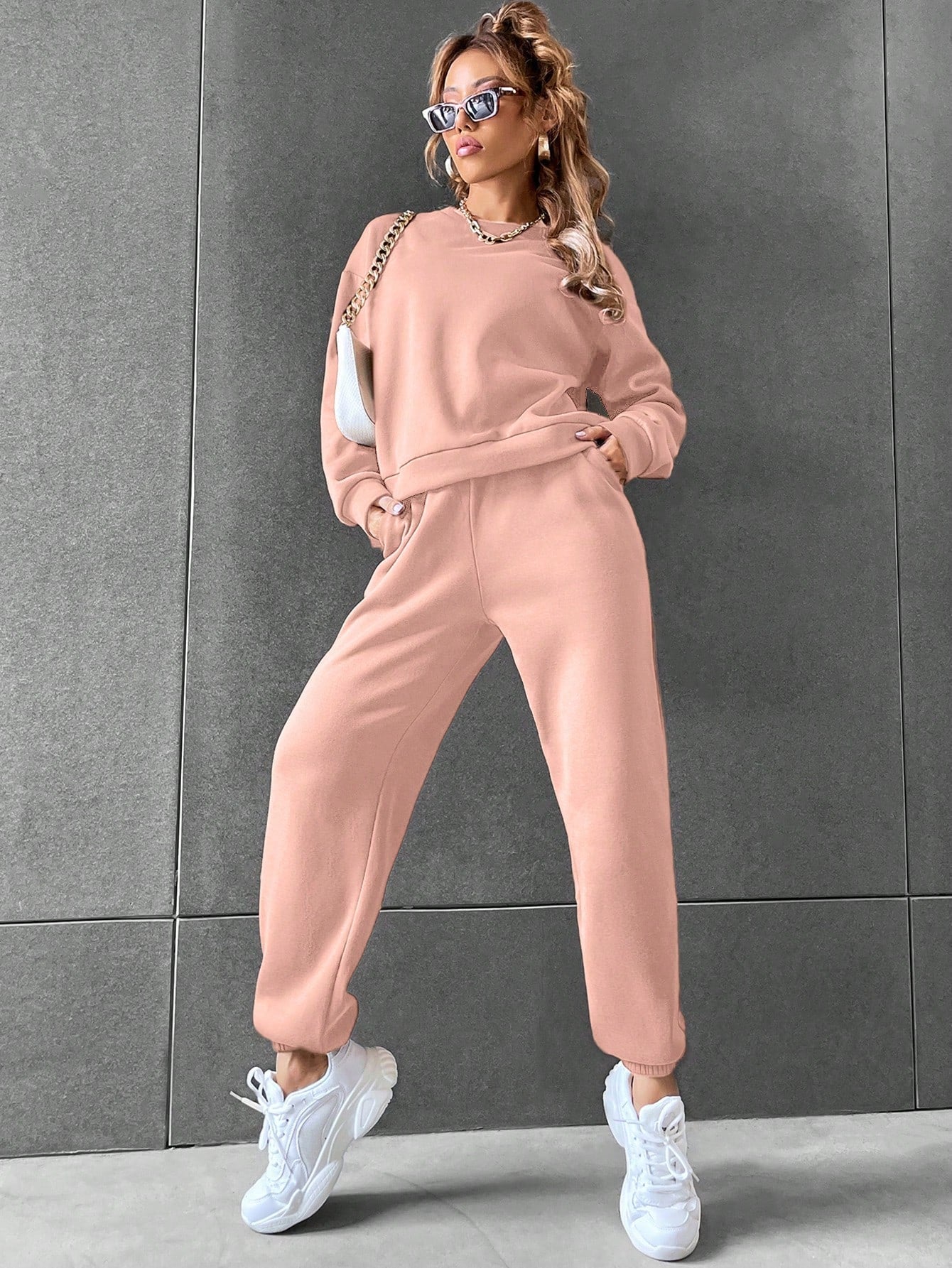 Solid Drop Shoulder Sweatshirt & Sweatpants