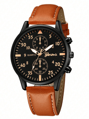 New Arrival Men'S Watch Set: Fashionable Business Quartz Wristwatch With Brown Leather Strap + 3pcs/Set Bracelet