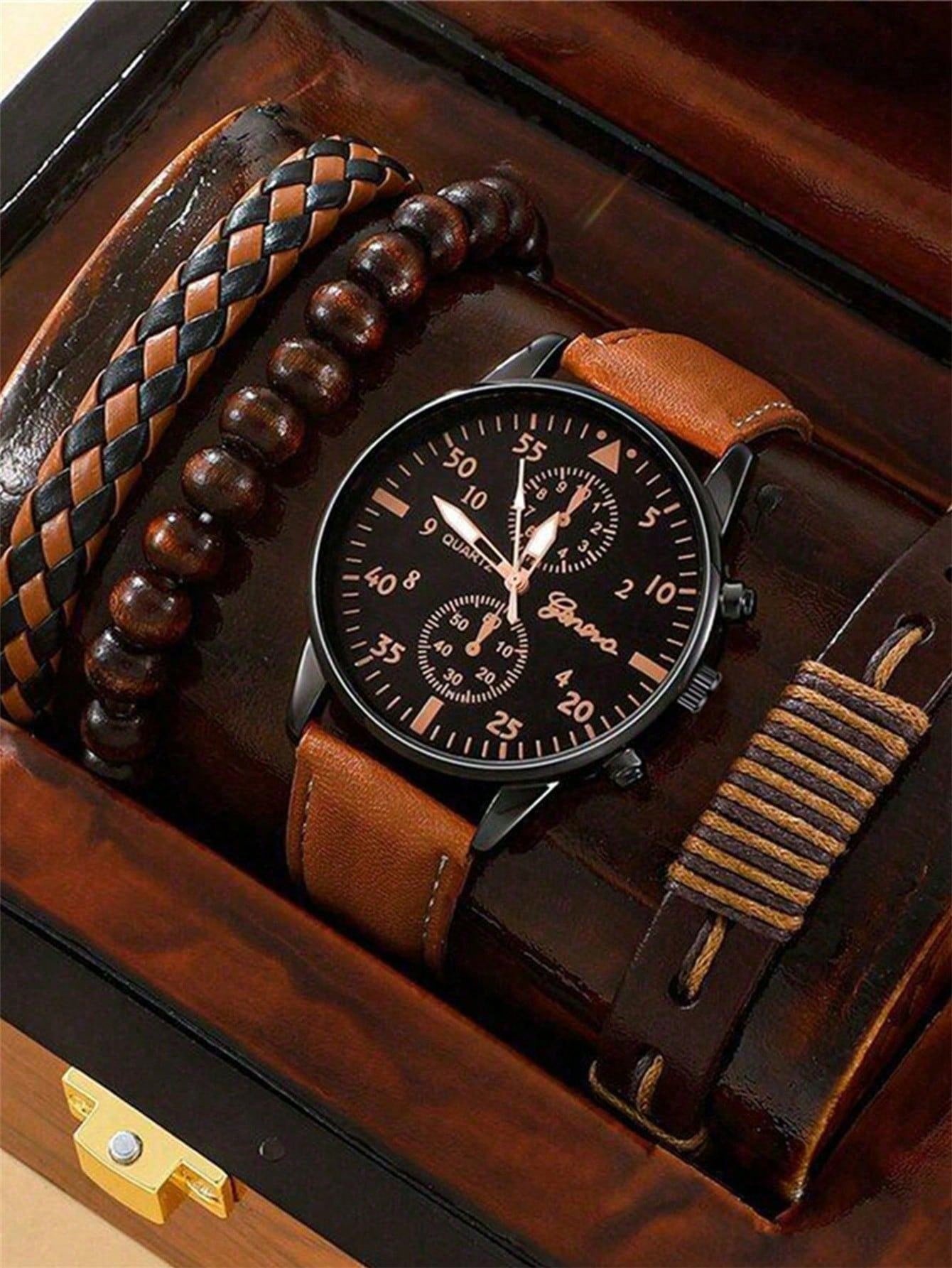 New Arrival Men'S Watch Set: Fashionable Business Quartz Wristwatch With Brown Leather Strap + 3pcs/Set Bracelet