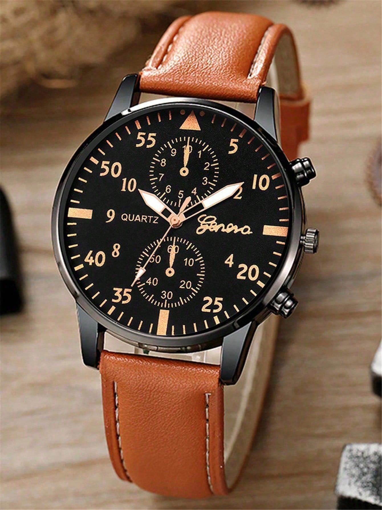 New Arrival Men'S Watch Set: Fashionable Business Quartz Wristwatch With Brown Leather Strap + 3pcs/Set Bracelet