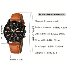 New Arrival Men'S Watch Set: Fashionable Business Quartz Wristwatch With Brown Leather Strap + 3pcs/Set Bracelet